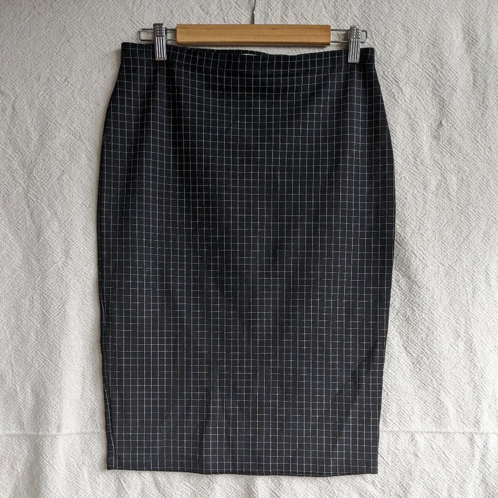 Max Studio Stretch Jersey Black White Grid Midi Skirt